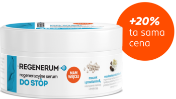 Białe regeneracyjne serum Regenerum do stóp w słoiczku, widok z przodu, napis +20% więcej w tej samej cenie.