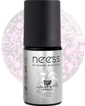 Neess Top Confetti Crush do manicure, butelka z czarną zakrętką, srebrna etykieta z konfetti.