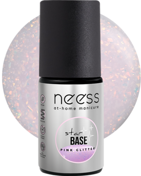 Srebrna butelka Neess Starlight BASE PINK GLITTER, lakier hybrydowy z brokatem, widok z przodu, na tle brokatu.