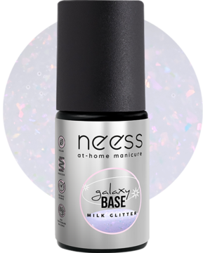 Buteleczka bazy hybrydowej Neess Galaxy Base Milk Glitter z czarną nakrętką, mleczna formuła z brokatem, widok z przodu.