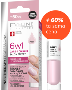 Eveline 6w1 Care & Colour Salon Effect Pink odżywka do paznokci, pudełko i butelka, promocja +60%.