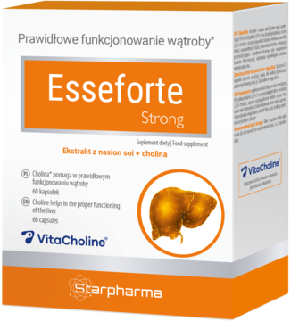 Esseforte Strong suplement diety na wątrobę z choliną, biało-pomarańczowe pudełko z grafiką wątroby.