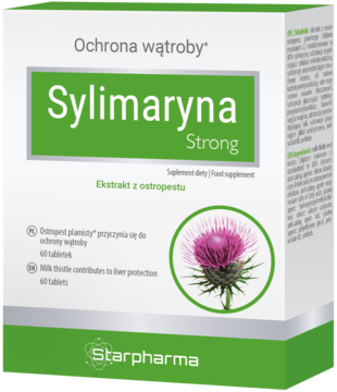 Białe pudełko Sylimaryna Strong, suplement diety na ochronę wątroby, z zielonym napisem i purpurowym kwiatem ostropestu.
