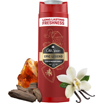Czerwona butelka żelu Old Spice Legend 3w1 o zapachu wanilii i dębu, z kawałkami drewna i wanilii obok.