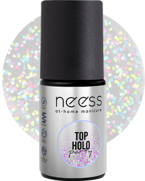 Neess Top Holo Party, holograficzny top do paznokci, srebrna butelka z czarną zakrętką, na tle brokatowych drobinek.