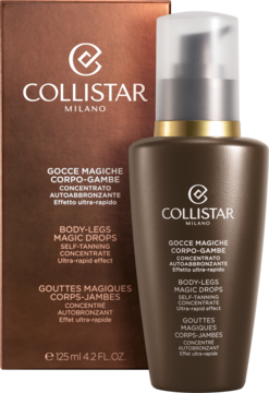 Collistar Magic Drops ultra-szybkie krople samoopalające, brązowa butelka z pompką, z pudełkiem, widok pod kątem.