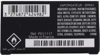 Tył czarnego opakowania perfum Givenchy Gentleman z kodem kreskowym, listą składników i informacją Made in France.