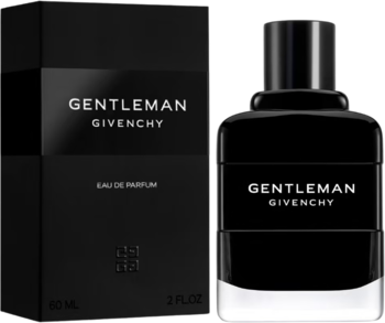 Givenchy Gentleman EDP, męskie perfumy: czarna, kanciasta butelka obok eleganckiego pudełka. Widok z przodu.