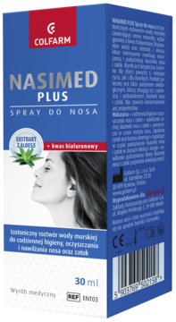 COLFARM Nasimed Plus, niebiesko-biały spray do nosa z kwasem hialuronowym i aloesem, widok z przodu.