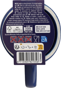 Spód ciemnego kubka z etykietą produktową: dane partii, instrukcje przechowywania, recyklingu i pielęgnacji.