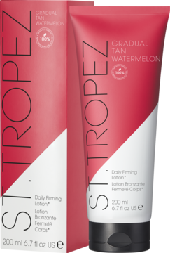 Balsam St.Tropez Gradual Tan Watermelon Daily Firming Lotion, różowo-biała tubka, podwójne ujęcie, 200ml.