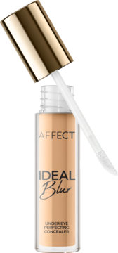 Otwarty korektor Affect Ideal Blur 3W, jasnobeżowy, z aplikatorem i złotą nakrętką, na beżowym tle.