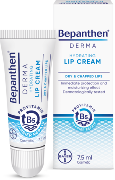 Bepanthen Derma Hydrating Lip Cream, biała tuba i pudełko z prowitaminą B5, na suche i spierzchnięte usta.