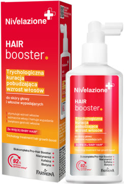 Nivelazione HAIR booster, trychologiczna kuracja na porost włosów, biała butelka i czerwone pudełko.