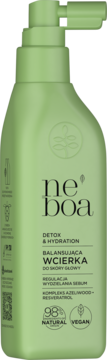 Zielona butelka Neboa Detox & Hydration wcierka do skóry głowy z pompką, widok z przodu, z resveratrolem, reguluje sebum.