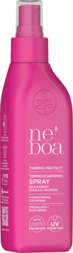 Neboa Termoochronny Spray do włosów, różowa butelka z pompką, widok z przodu, ochrona 230°C i UV.