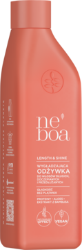 Neboa Length & Shine wygładzająca odżywka w koralowej butelce, dla włosów przedłużanych, z proteinami i bambusem, widok z przodu.
