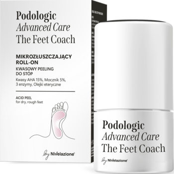 Biały kwasowy peeling do stóp roll-on Podologic Advanced Care The Feet Coach obok jego pudełka, widok z przodu.