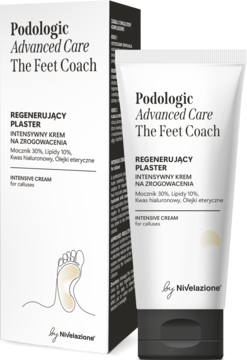 Biały krem Podologic Advanced Care The Feet Coach na zrogowacenia, tubka i pudełko z grafiką stopy, widok z przodu.