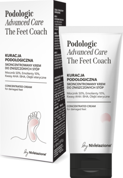 Krem Podologic Advanced Care The Feet Coach z 50% mocznikiem, biała tubka i pudełko z grafiką stopy, na białym tle.