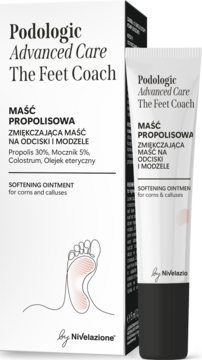 Białe opakowanie i tubka maści zmiękczającej Podologic Advanced Care na odciski i modzele, widok z przodu.
