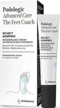 Podologic Advanced Care The Feet Coach, regenerujące serum na wrastające paznokcie, biała tubka i pudełko.