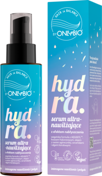 OnlyBio Hair in Balance hydra. serum ultranawilżające z efektem nabłyszczenia, niebieska butelka z pompką i pudełko.