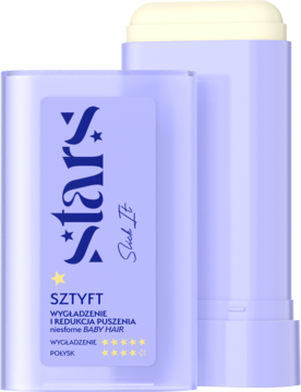 Fioletowy sztyft Stars Slick It do wygładzania włosów, redukujący puszenie i baby hair, częściowo wysunięty z opakowania.