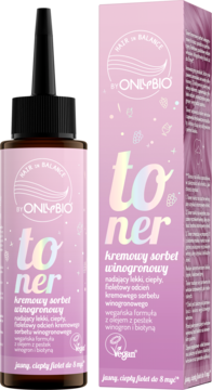 OnlyBio Toner Kremowy Sorbet Winogronowy: różowo-fioletowa butelka i pudełko z wegańskim składem, widok z przodu.