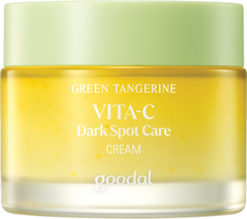 Goodal Green Tangerine Vita C Dark Spot Care Cream w żółtym słoiczku z zieloną nakrętką, widok z przodu.