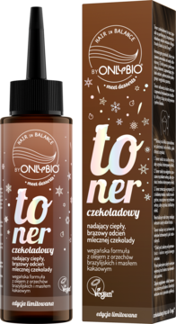 Toner OnlyBio Hair in Balance czekoladowy w brązowej butelce i pudełku, dla odcienia mlecznej czekolady.