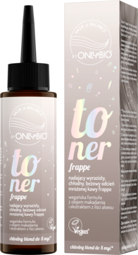 Toner OnlyBio Frappe, beżowa butelka z kroplomierzem i pudełko, nadaje chłodny beż kawy frappe.