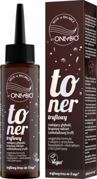 Toner OnlyBio Truflowy, głęboki brąz, w butelce z aplikatorem i pudełku, widok z przodu, logo Vegan.