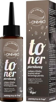 OnlyBio Hair in Balance Piernikowy toner do włosów w brązowej butelce i opakowaniu, dla chłodnego brązu, widok z przodu.