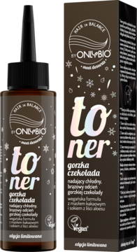 OnlyBio toner gorzka czekolada, nadający chłodny brąz. Butelka z aplikatorem i pudełko z motywem śnieżynek.