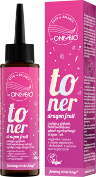 OnlyBio Hair in Balance Toner Dragon Fruit, różowy odcień, butelka z aplikatorem i pudełko, widok z przodu.