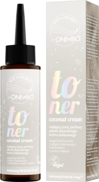 Toner OnlyBio Coconut Cream do włosów, ciemnobrązowa butelka z aplikatorem i jasne pudełko, widok z przodu.