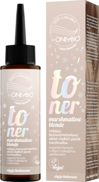 ONLYBIO Hair in Balance toner marshmallow blonde, butelka i zimowe pudełko, widok z przodu, na jasnym tle.