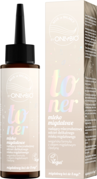 Toner OnlyBio Mleko Migdałowe, butelka i pudełko, widok pod kątem, beżowy odcień do 8 myć.