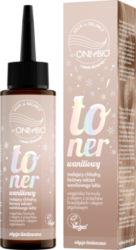 ONLYBIO Hair in Balance waniliowy toner do włosów w butelce i pudełku, nadający chłodny beż, widok z przodu.