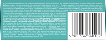 Tył turkusowego opakowania mydła glicerynowego z kodem kreskowym, składniki 93% naturalnego pochodzenia.