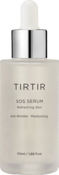 Matowe serum TIRTIR SOS w białej butelce z srebrnym zakraplaczem, z przodu. Etykieta: „Anti-Wrinkle - Moisturizing”.
