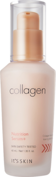 It's Skin Collagen Nutrition Serum+ w jasnoróżowej butelce z pompką, widok z przodu, logo It's Skin.