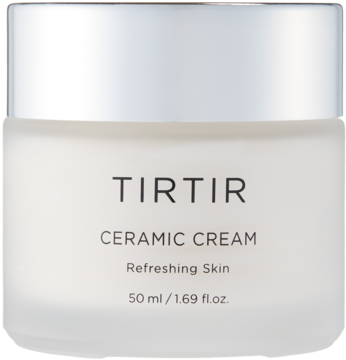 Krem TIRTIR Ceramic Cream w białym, matowym słoiku z metalową nakrętką, widok z przodu. Zawiera ceramidy.