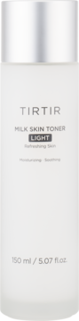 Biała butelka toniku TIRTIR Milk Skin Toner Light z szarym napisem i srebrną zakrętką, widok z przodu.