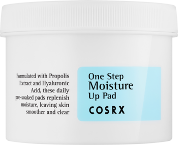 Biały słoik COSRX One Step Moisture Up Pad z niebieską etykietą. Nawilżające płatki z propolisem i kwasem hialuronowym.