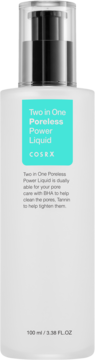 Biała butelka COSRX Two in One Poreless Power Liquid z pompką i niebieską etykietą, widok z przodu.