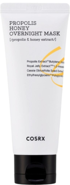 Biała tubka Cosrx Propolis Honey Overnight Mask z czarną nakrętką i żółtym wzorem, widok z przodu.