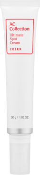 Biała tubka Cosrx AC Collection Ultimate Spot Cream 30g, widok z przodu z czerwonymi napisami produktu.
