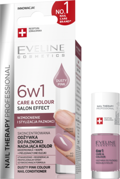 Pudełko i butelka Eveline 6w1 Dusty Pink odżywka do paznokci, widok z przodu na czerwonym tle.